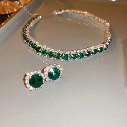 Necklace Earrings Sets Green Crystal Necklace for Women