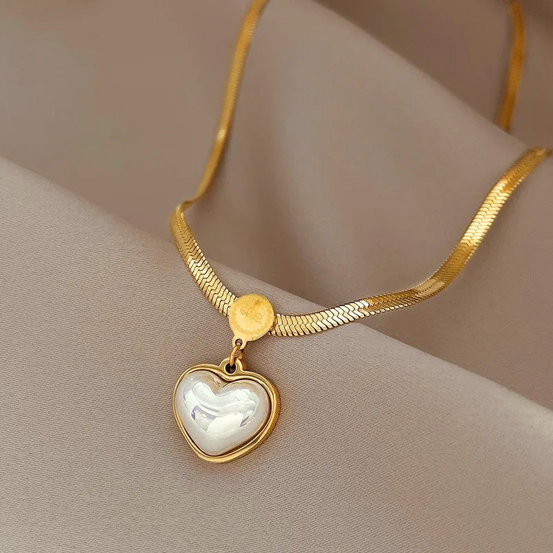 New Pearl Heart Pendant Stainless Steel Gold Color Necklace for Women