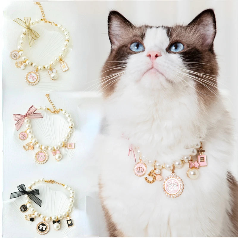 Exquisite Pet Cat Pearl Collar with Pendant Small Cat Dog Necklace