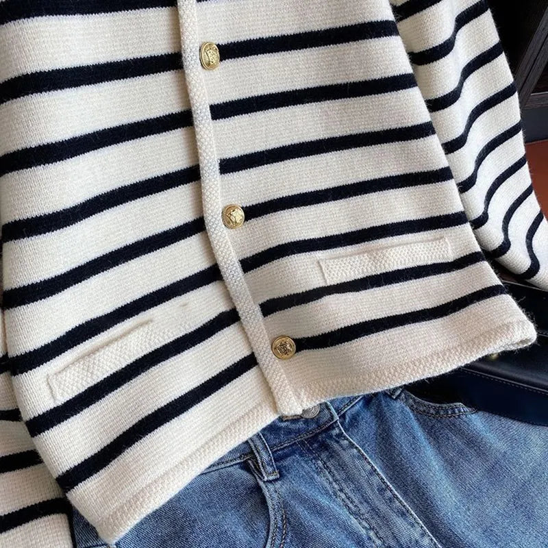 Sweater Cardigan White Black Striped Knitted Sweater Short Cardigan Long Sleeve